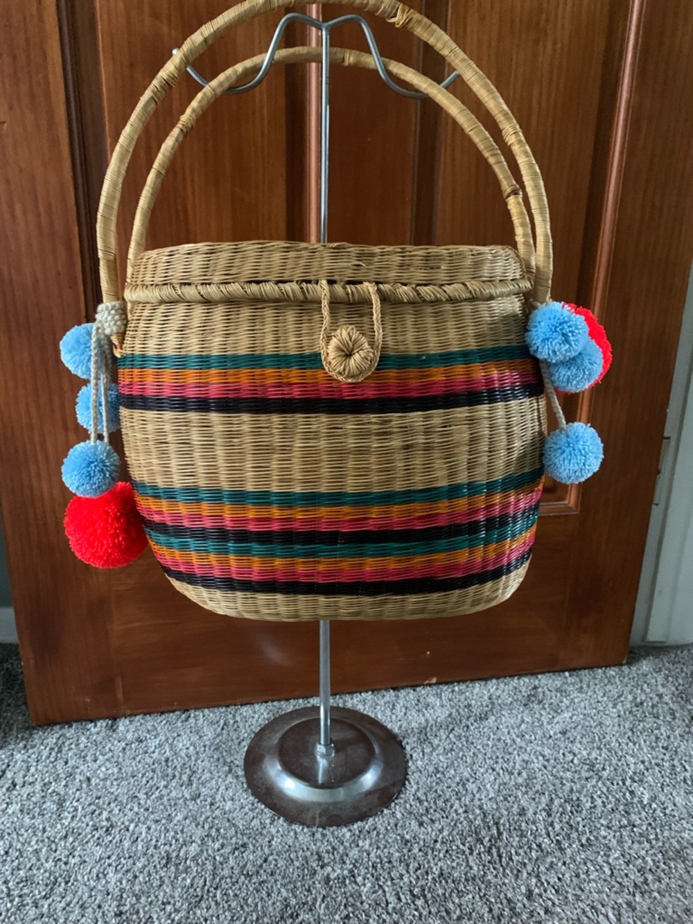 Sophie Anderson Wicker Handbag with Colorful Pom-Poms
